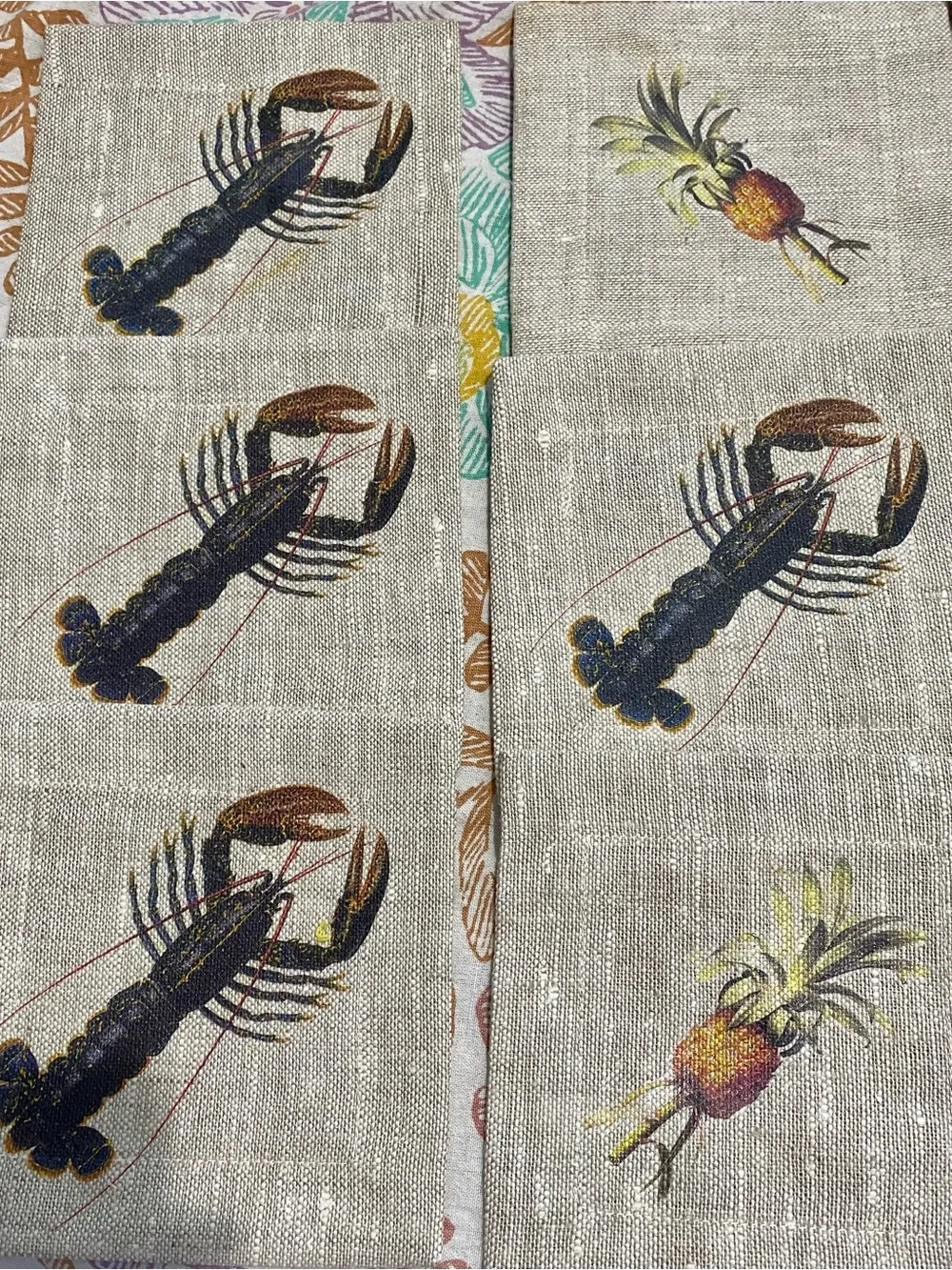 Six Coasters of 100% Linen. Hand sewn. Made in Russia, Pineapple & Lobster. NIB